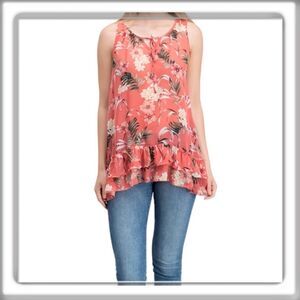 Style & Co Sleeveless Coral Top Tunic Floral Semi Sheer Ruffle Hem Size Medium